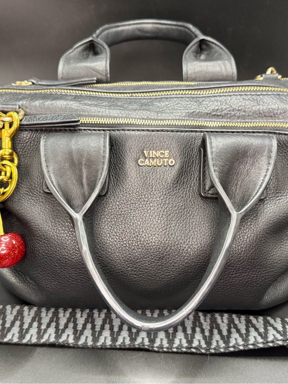 Vince Camuto Black Pebbled Leather Satchel Bag with Gold Hardware - Picture 2 of 8